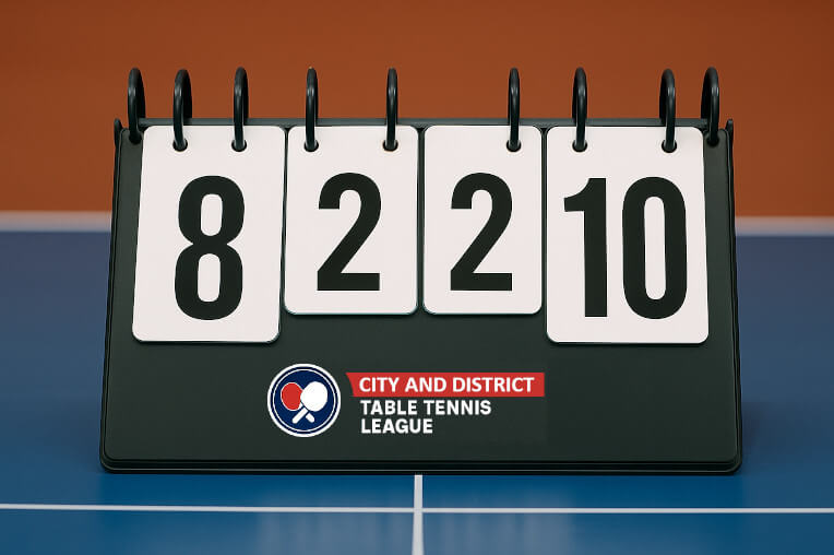 A table tennis scoreboard with the league logo printed on the front